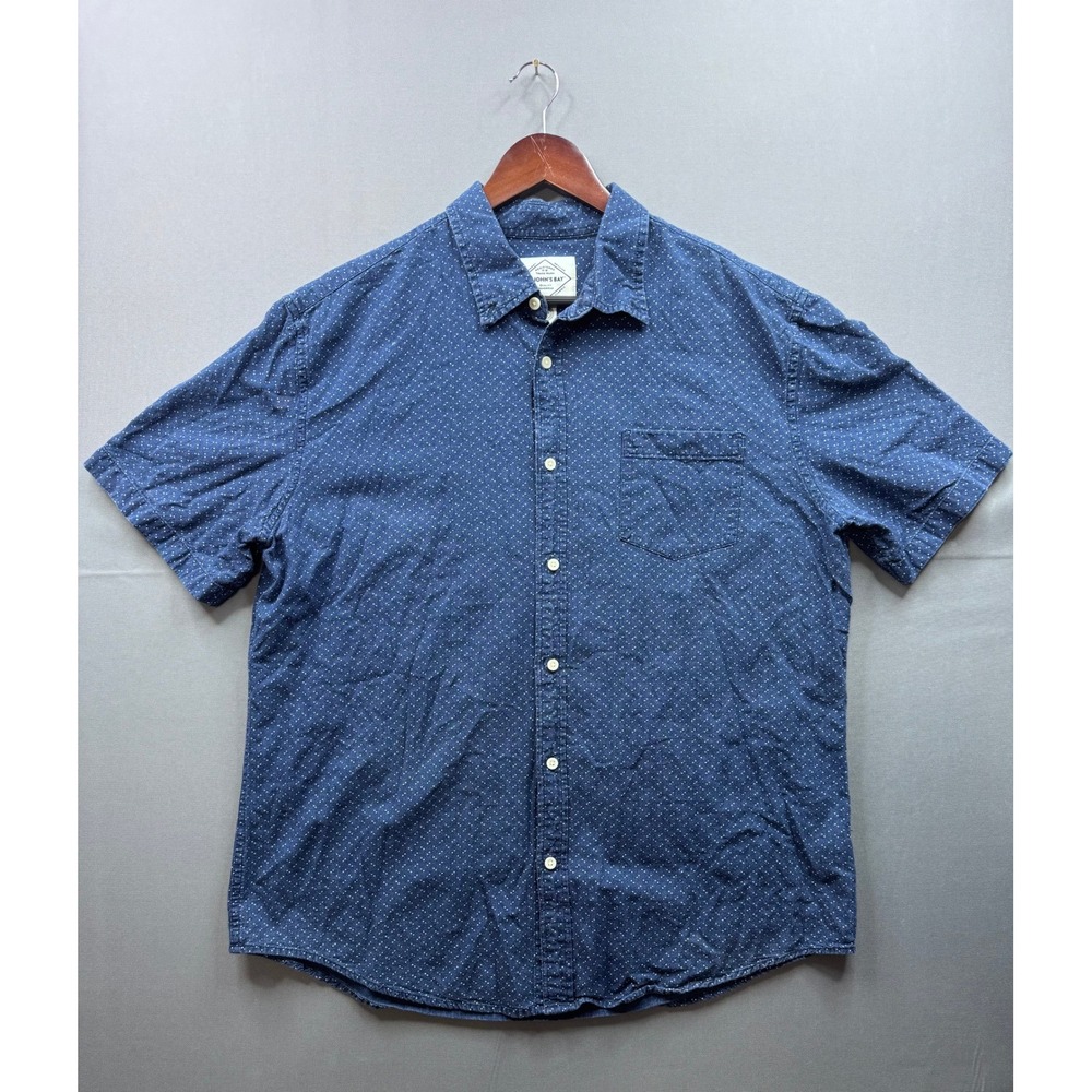 St Johns Bay Mens XL Blue White Geometric Short Sleeve Button Up Shirt‎